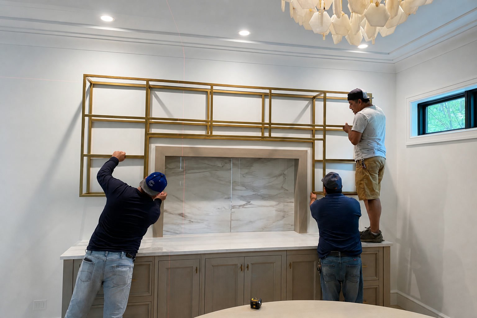 Crew leveling and installing the custom gold-finished steel shelving over the bar