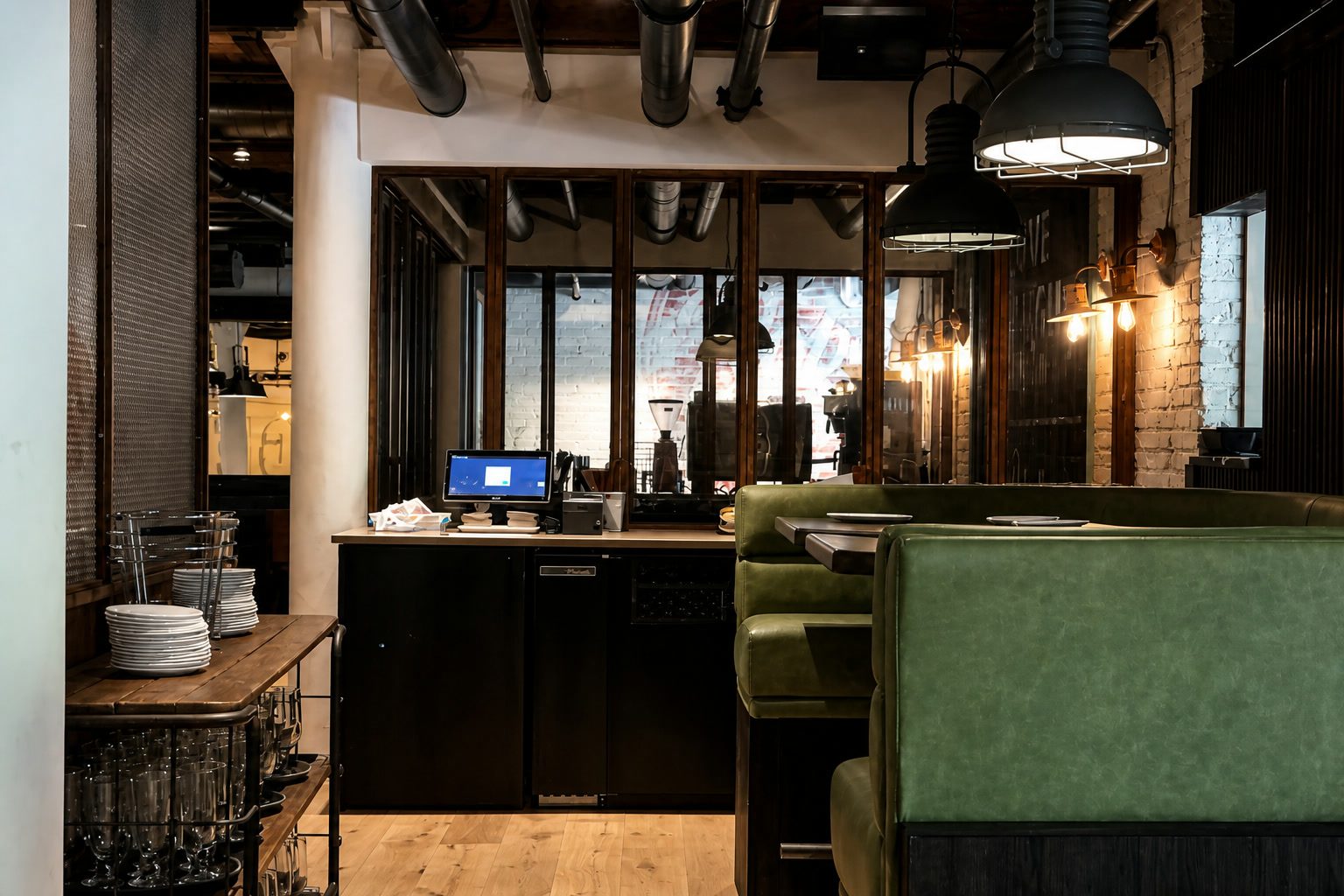 Blue Bar lounge with custom seating, service counter, and metalwork