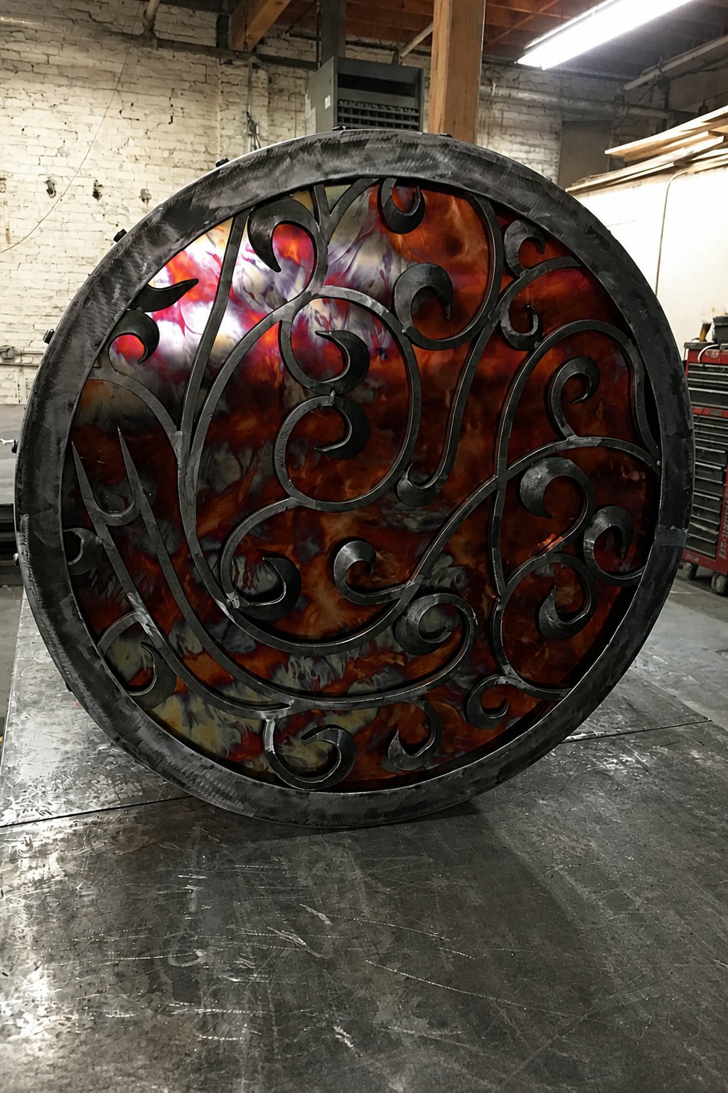 Round ornamental metal tabletop with scrollwork in the Breuder workshop