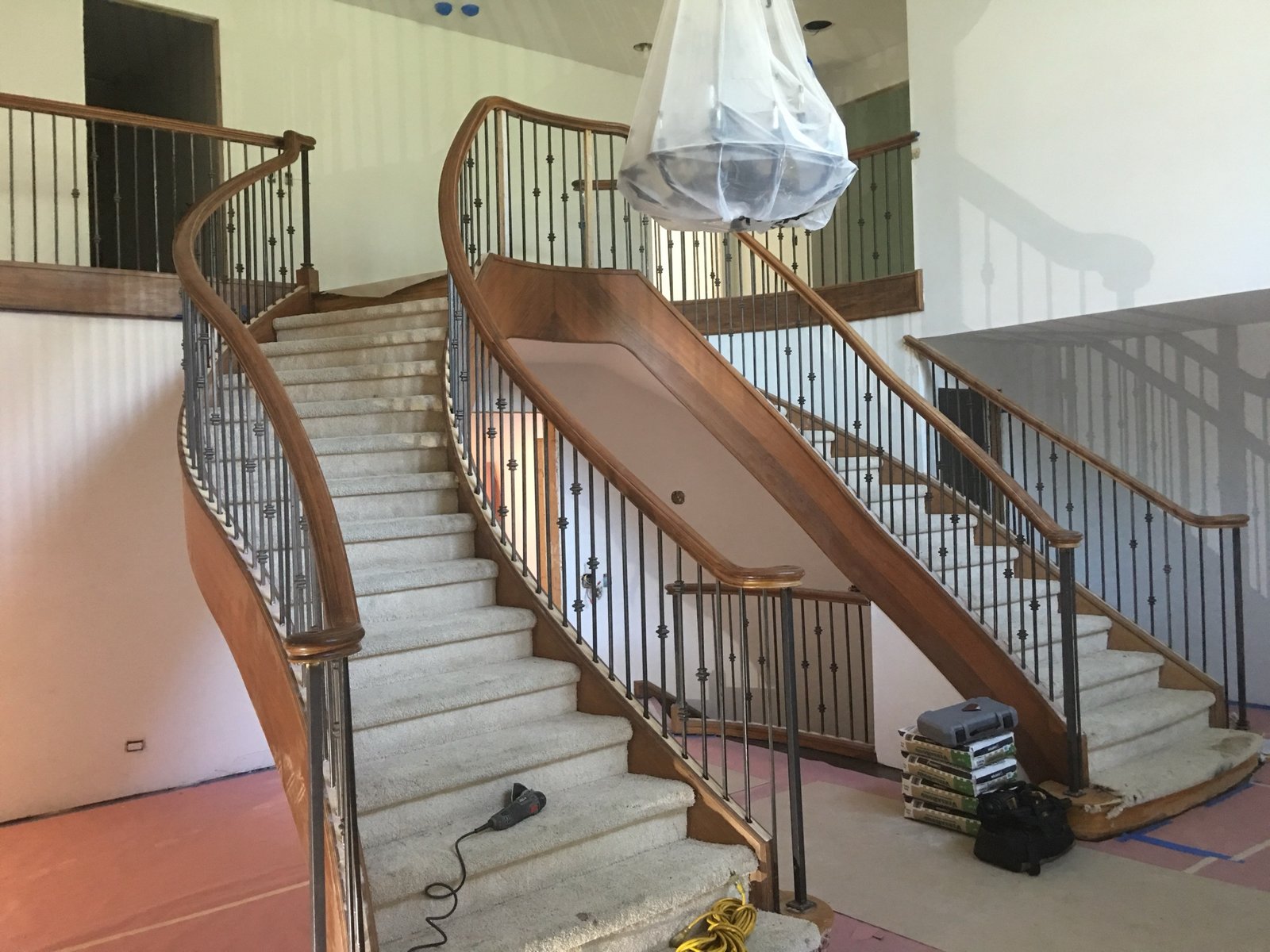 Overall view of ornamental vine stairwork in place